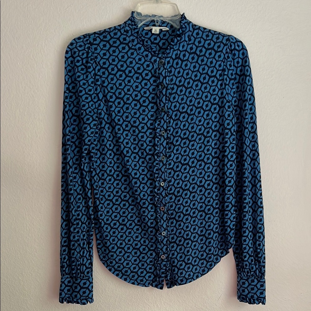 Boden Ruffle Botton-Down Mandarin CollarLong Sleeve Navy Blue Blue Women’s Shirt